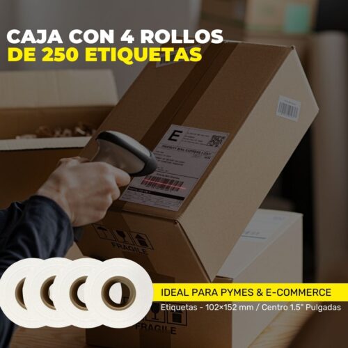 Caja con rollos de etiquetas para impresoras termicas