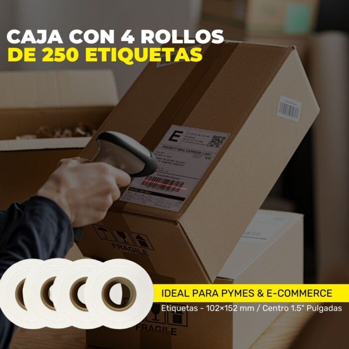 Caja con rollos de etiquetas para impresoras termicas